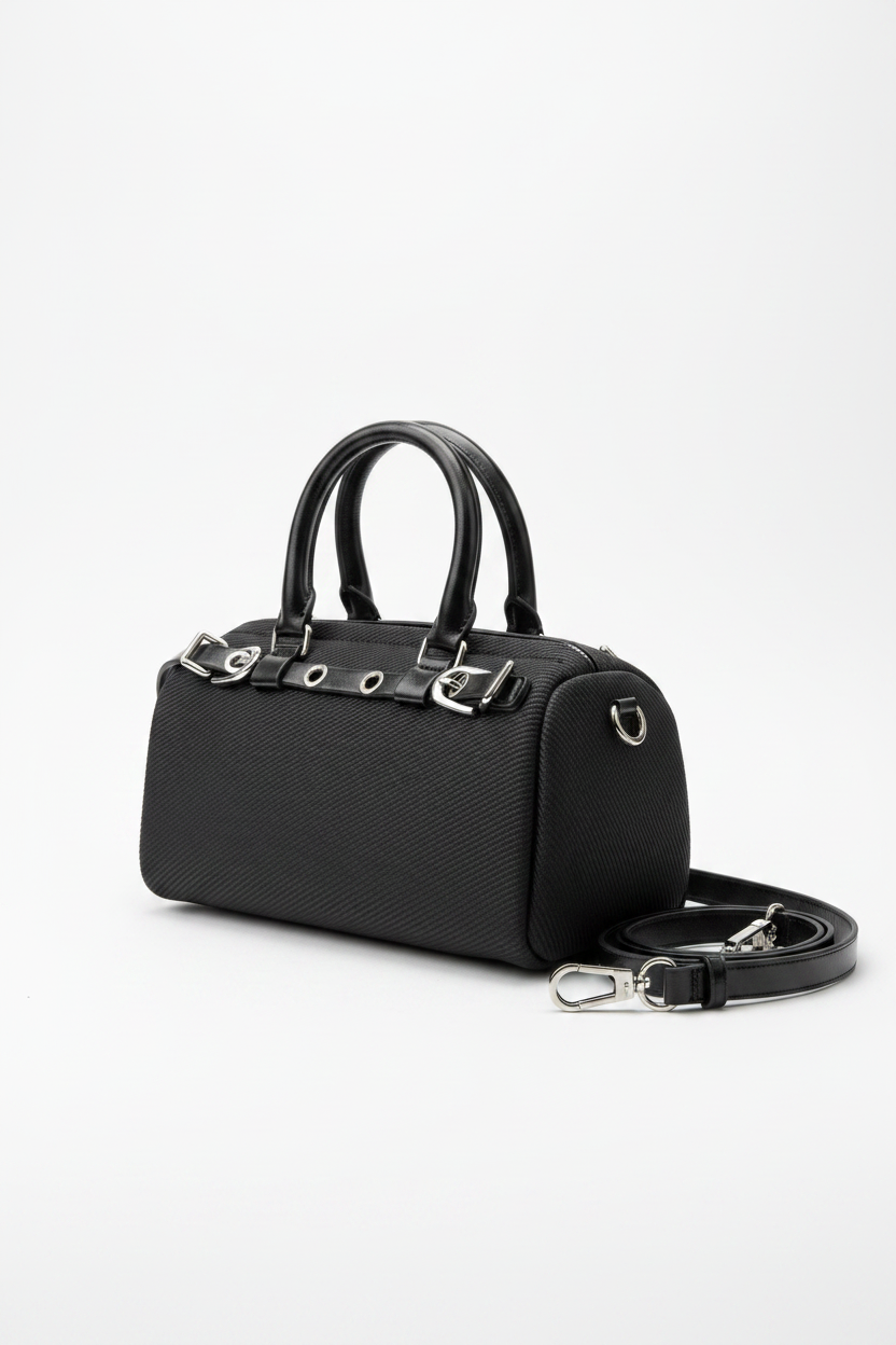 Black Barrel Bag - Three Quarter, Black Handle