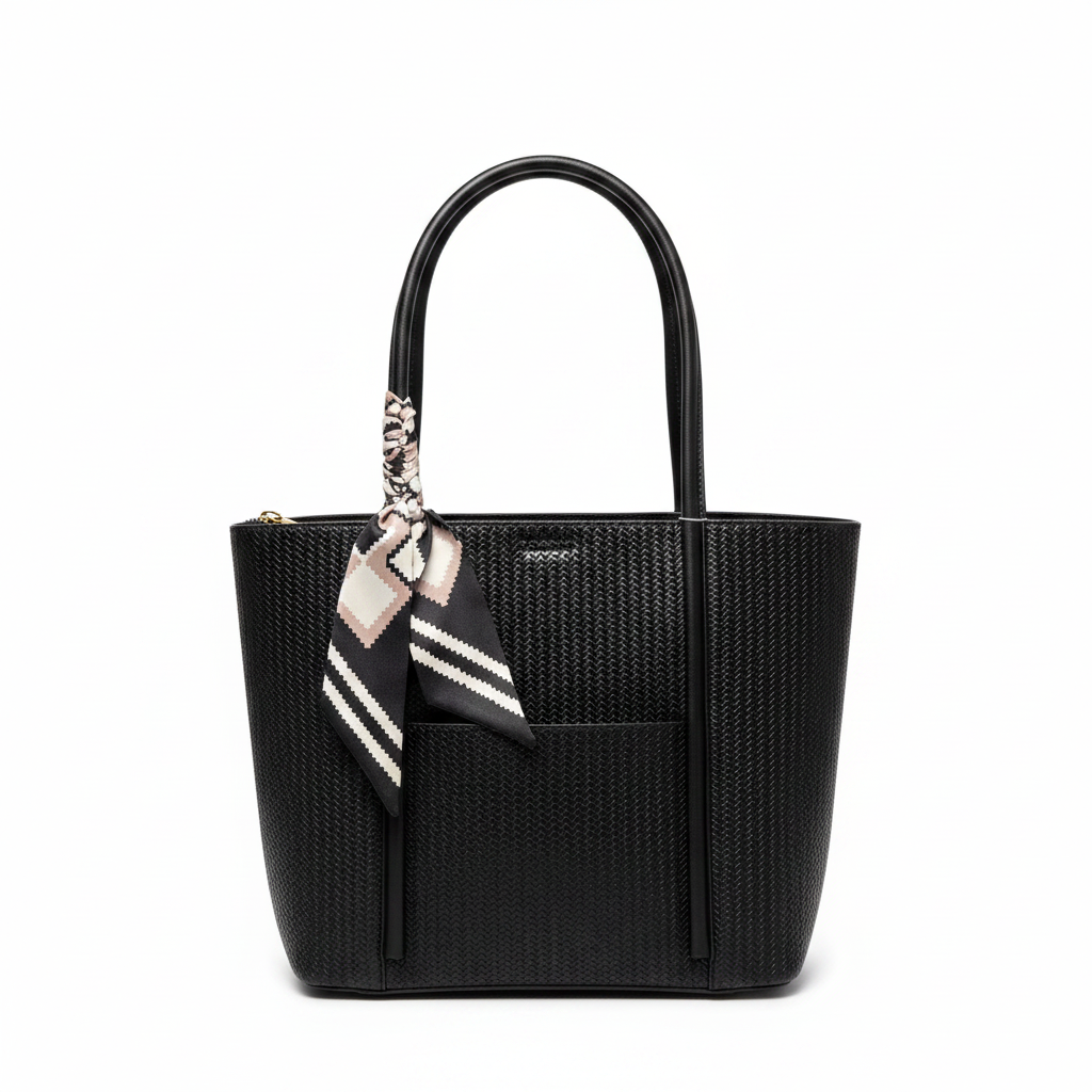 Black Woven Leather Tote - White Background