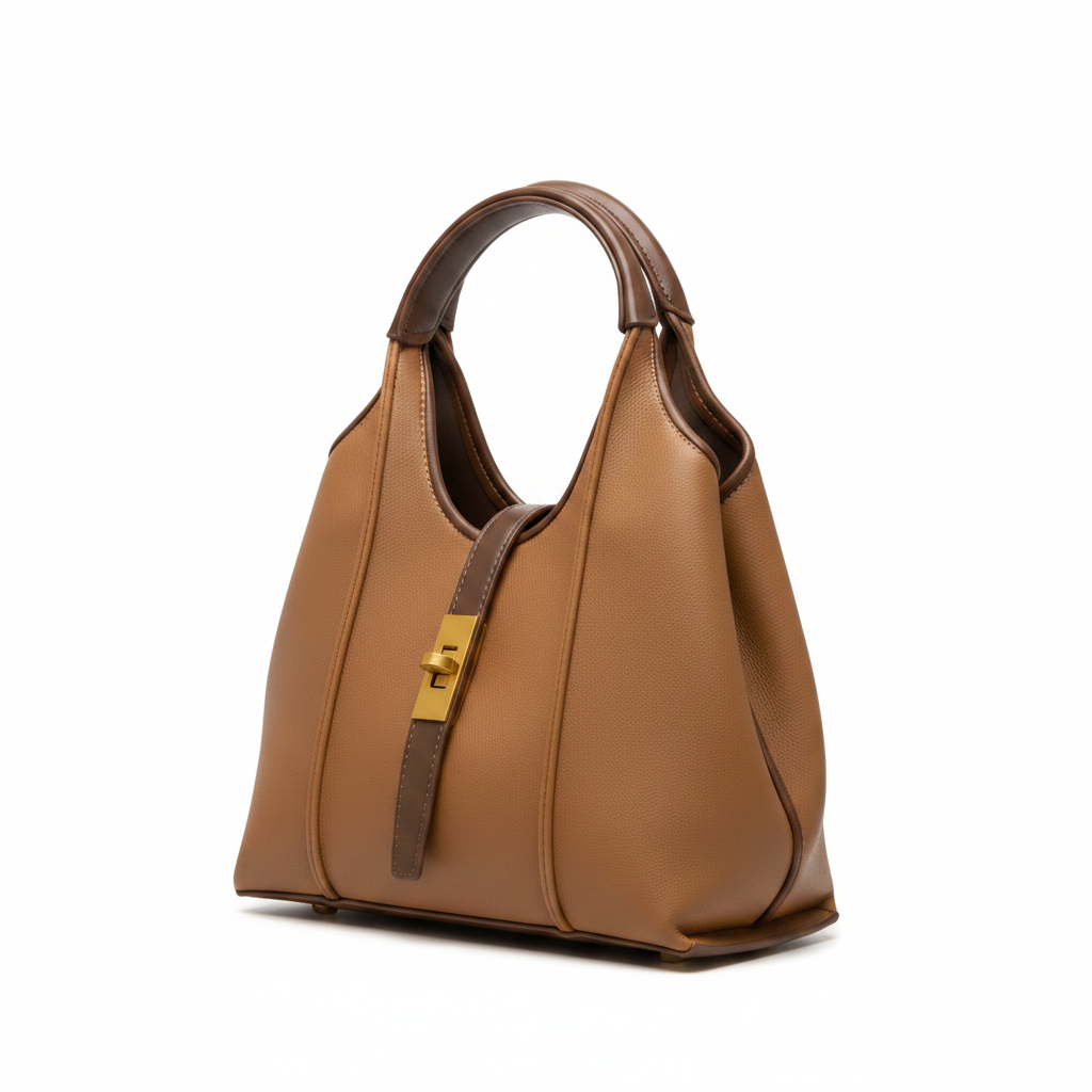 Camel Leather Handbag - White Background Studio Shot