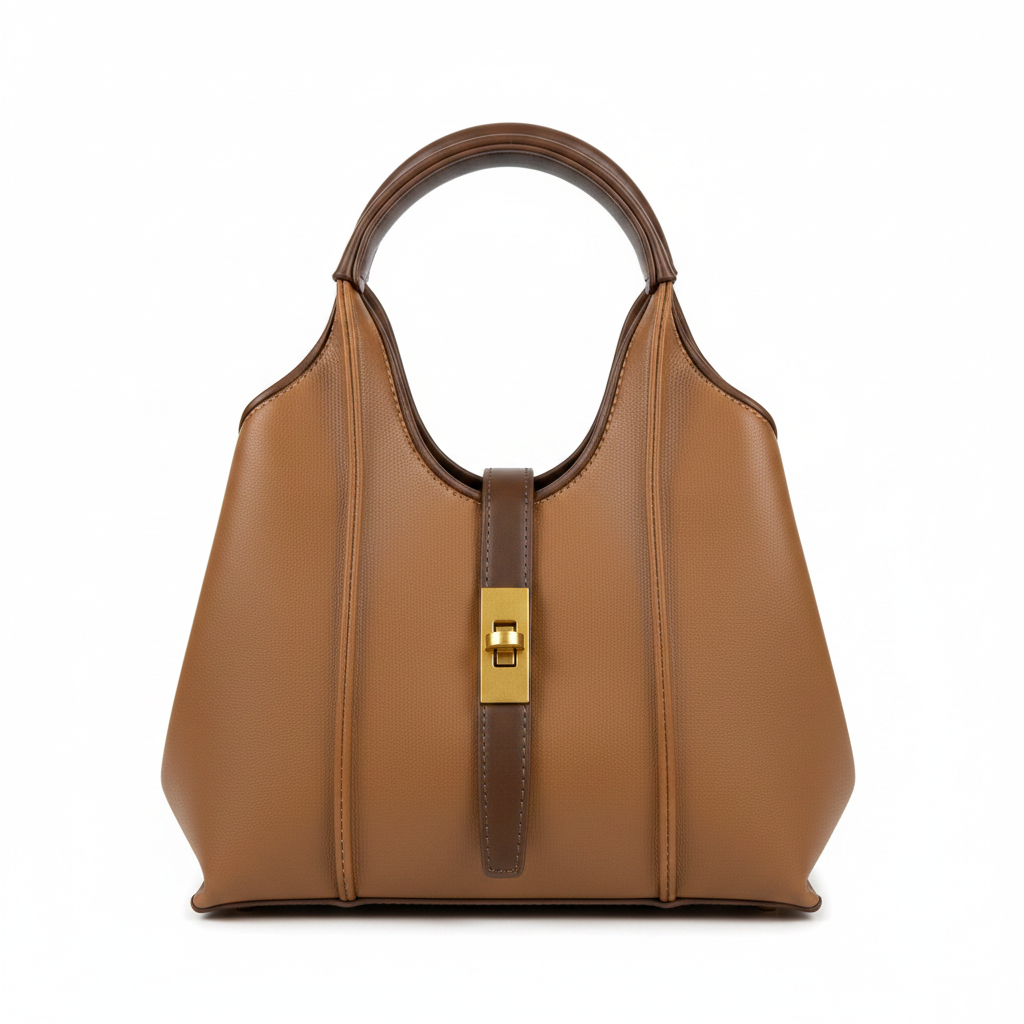Camel Leather Handbag - White Background Studio Shot