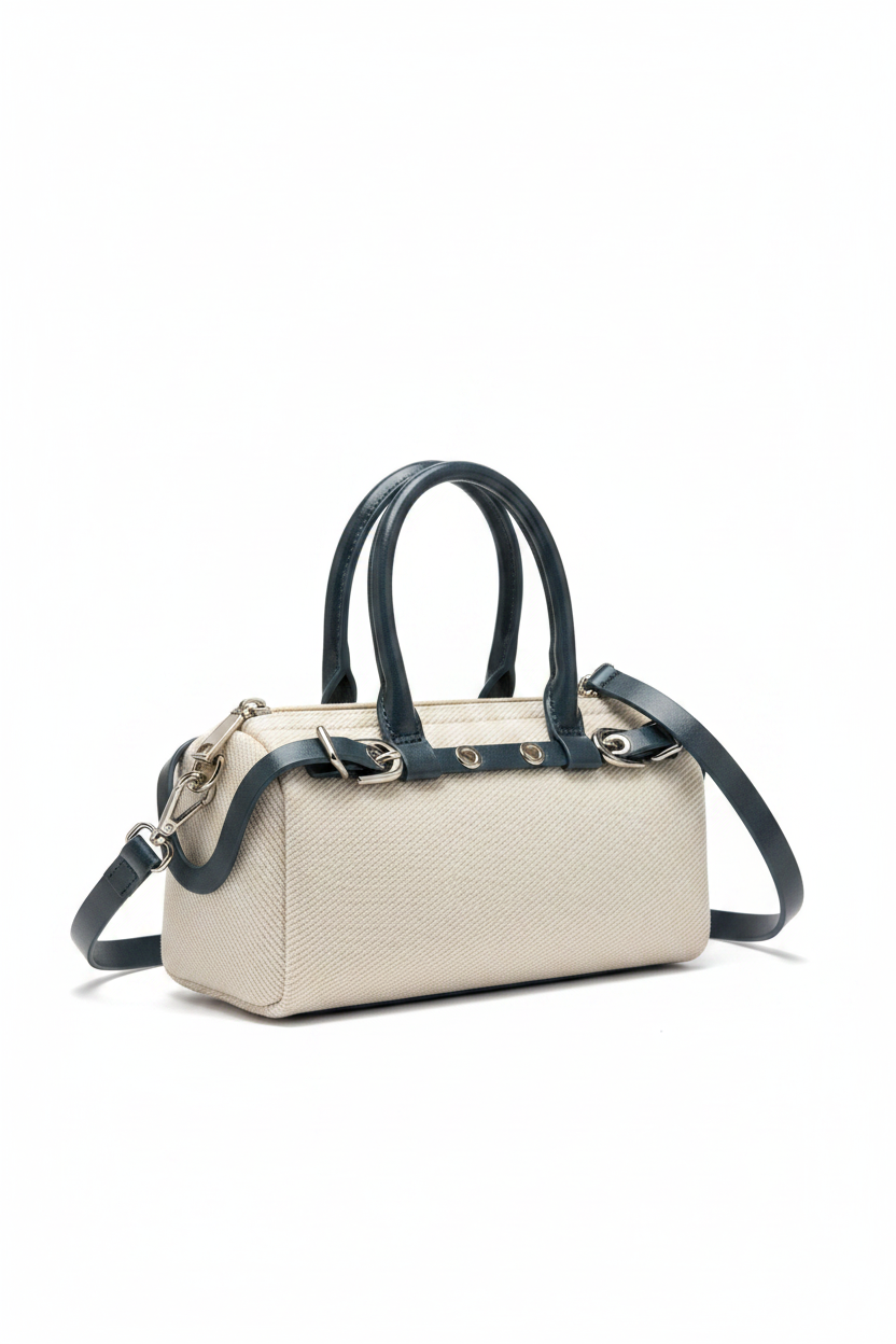 Cream & Navy Mini Bag - Three Quarter