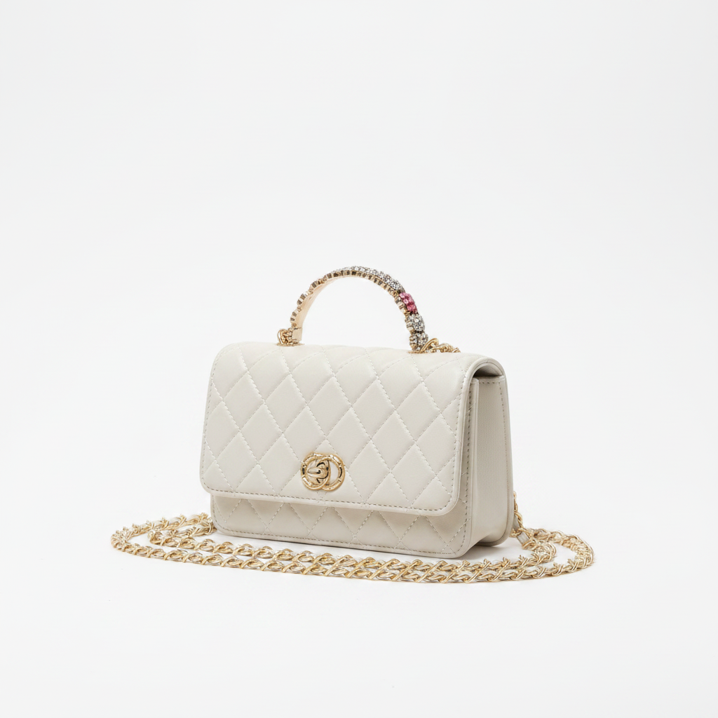 White Quilted Handbag - Angled View