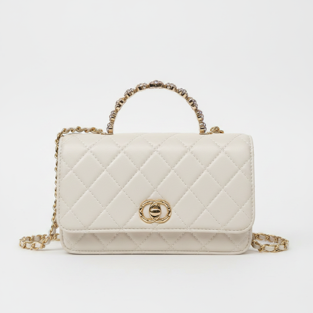 White Quilted Handbag - Front View